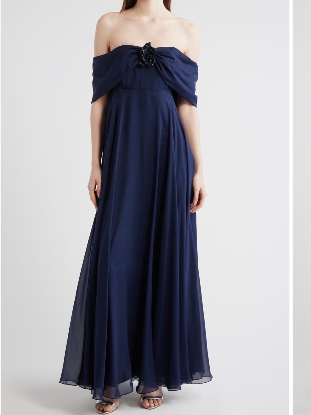 Sachin Babi Rebecca Rosette Chiffon Silk Off Shoulder Gown Midnight Navy Blue